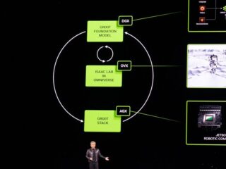 A Man In A Black Leather Jacket Stands In Front Of An Enormous Screen Displaying Flowcharts And Graphics Of Robots During A Pres.jpg